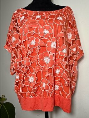 Chico's Floral Burnout Top Size 4 US XXL Coral Orange Sheer Kimono Sleeve Poncho